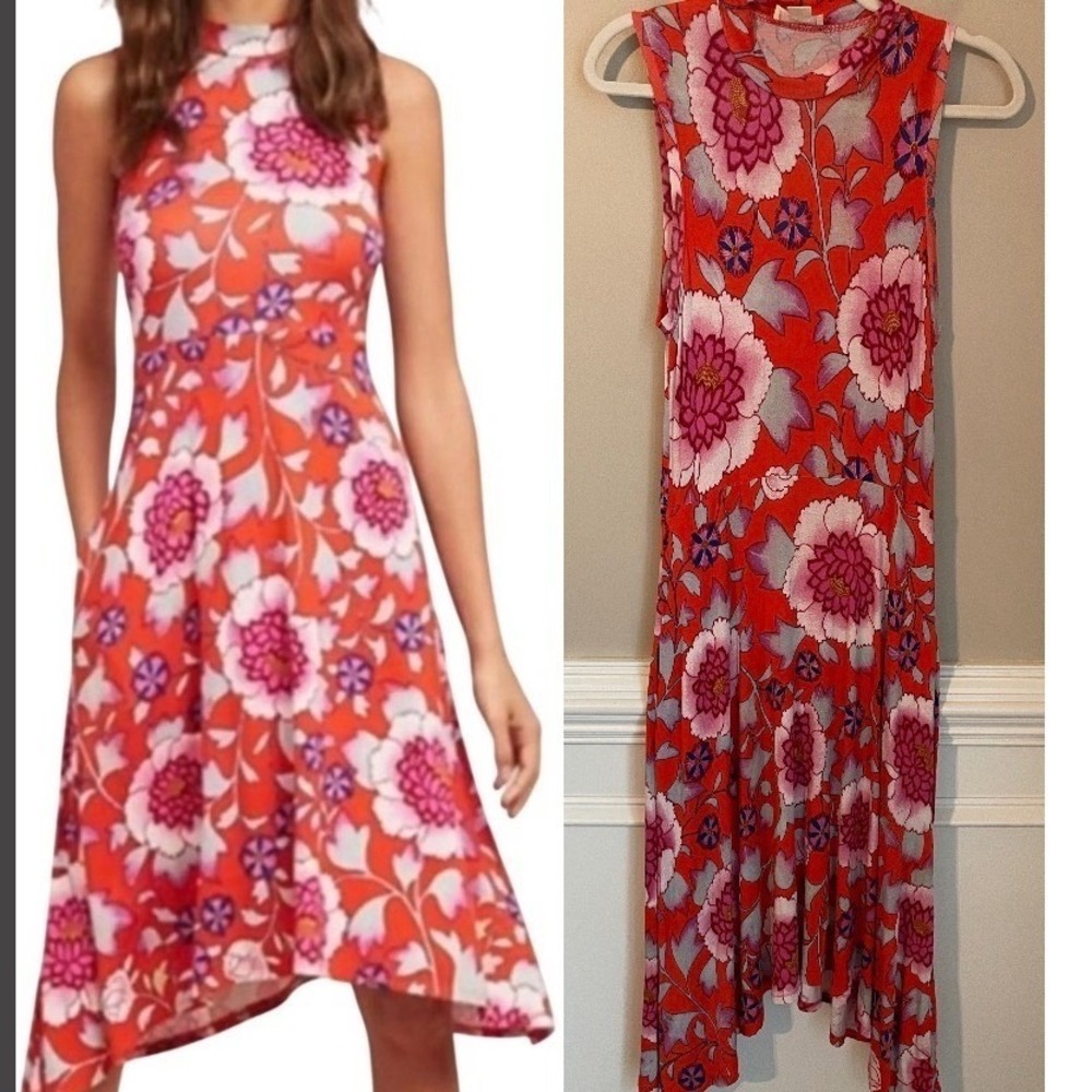 Anthropologie Maeve Cleary Dress XS Red Floral Sleeveless Midi Sharkbite Hem